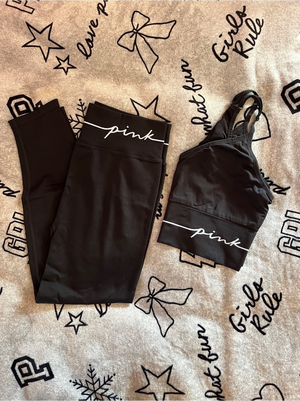 PINK Victoria's Secret Black Seamless Leggings & Matching Sports Bra Set XL/XXL